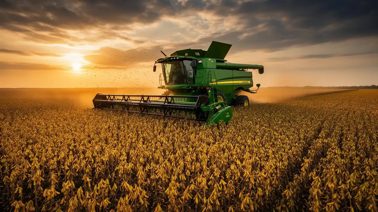 Colheitadeira John Deere em campo de soja — peças agrícolas T3 em Jataí GO